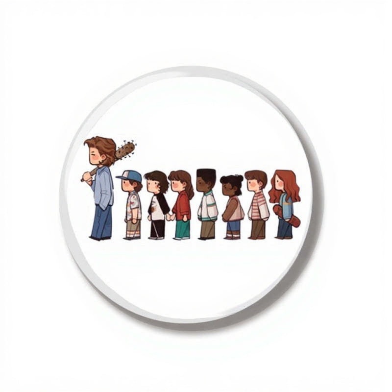 Badge 44 mm Stranger Things la bande en file indienne vu de face