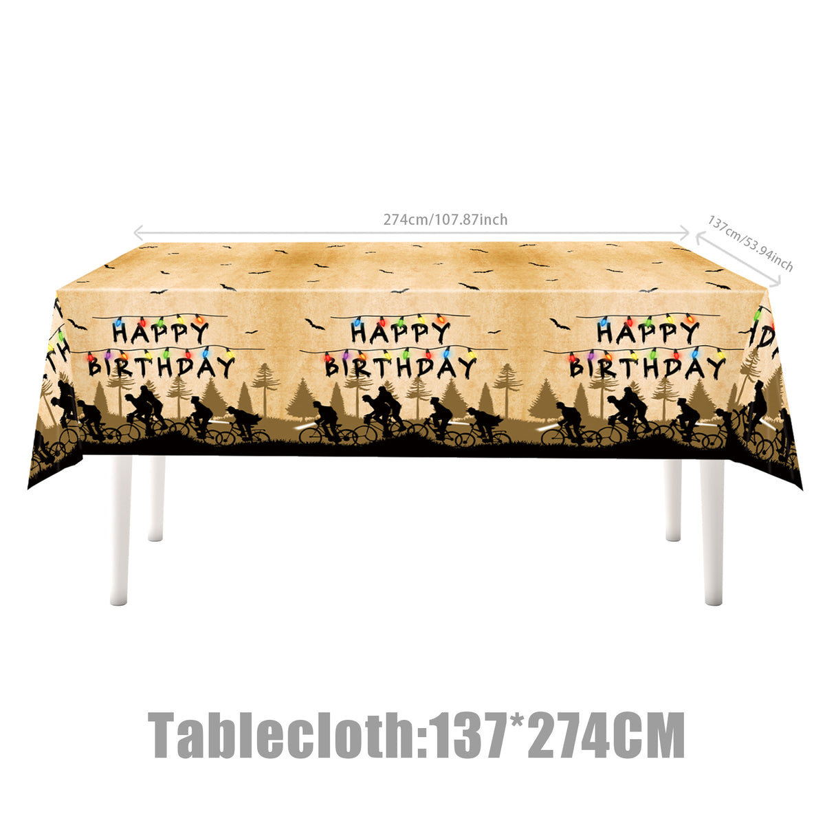 Nappe Stranger Things forêt et guirlande 137 x 274 cm vu de face