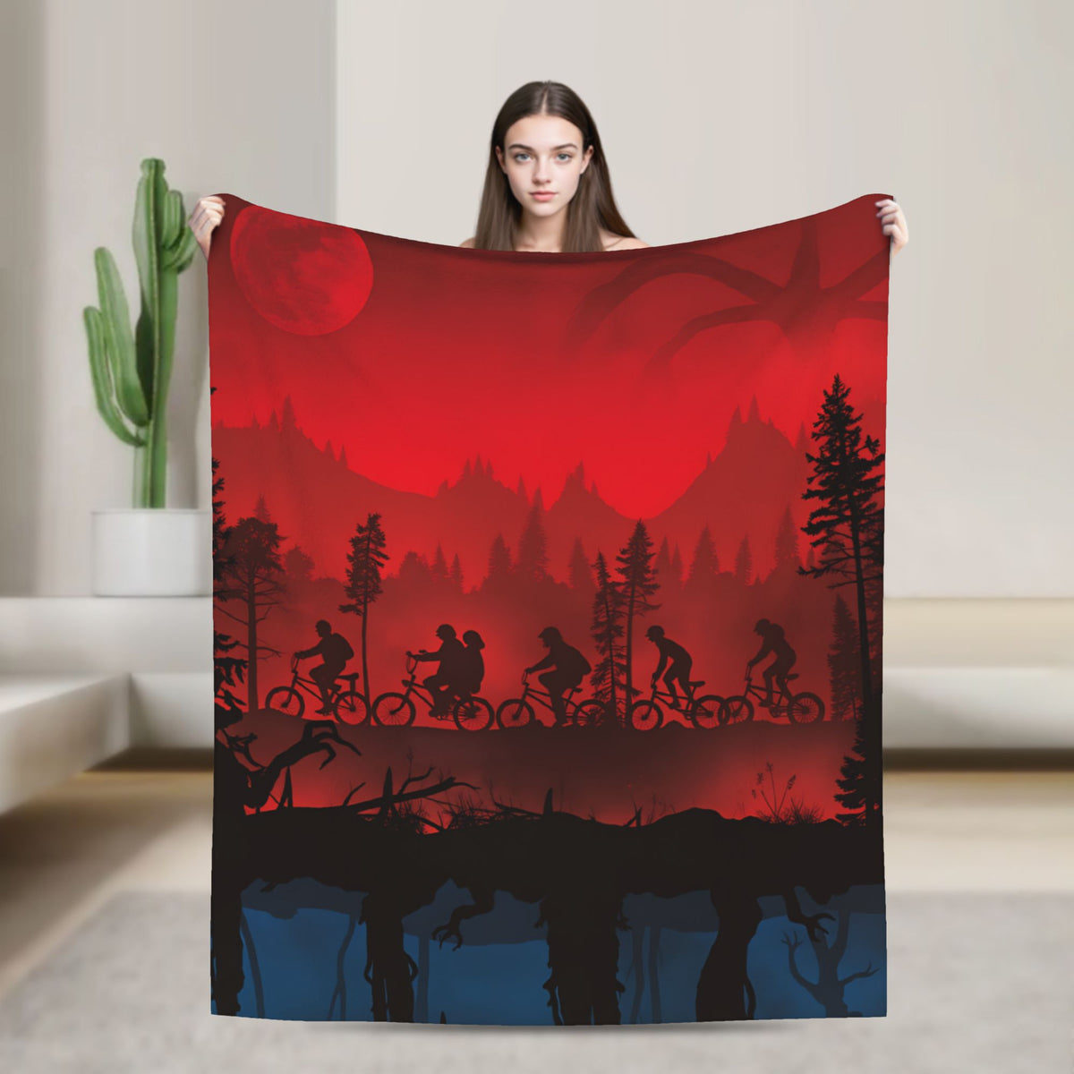 Plaid Stranger Things vélos dans la forêt rouge vu de face