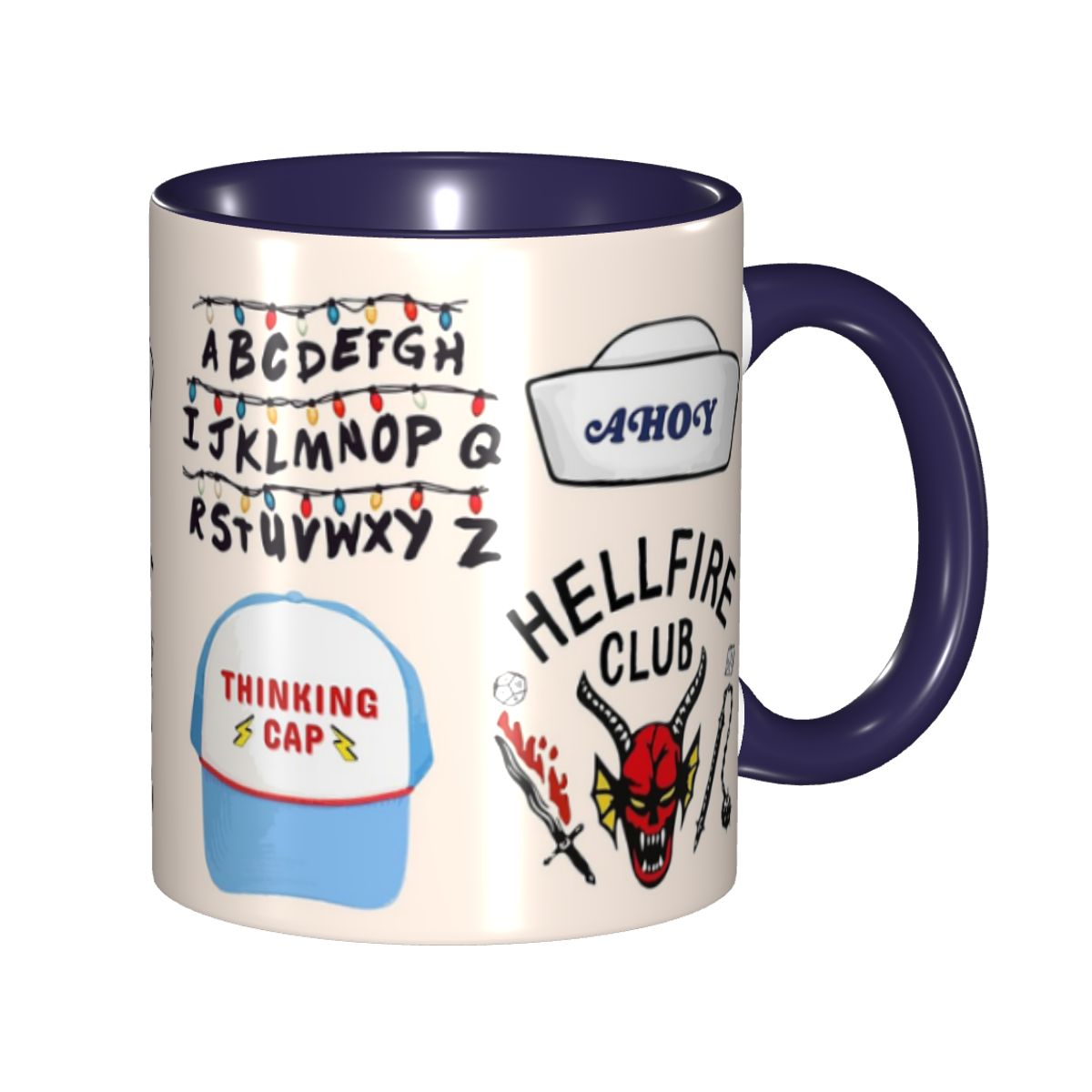 Mug Stranger Things stickers Hellfire Club et Thinking Cap – coloris Bleu marine