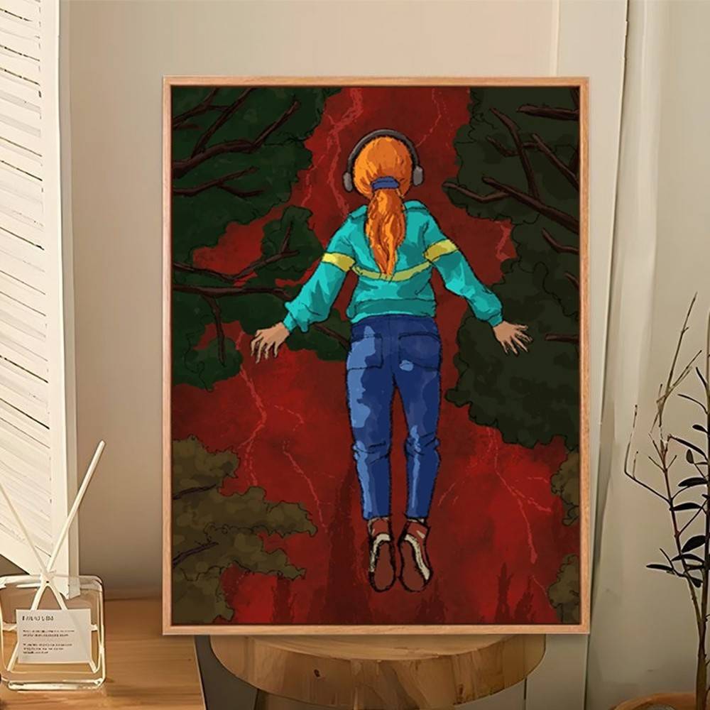 Poster adhésif Stranger Things Max au-dessus de la forêt rouge vu de face