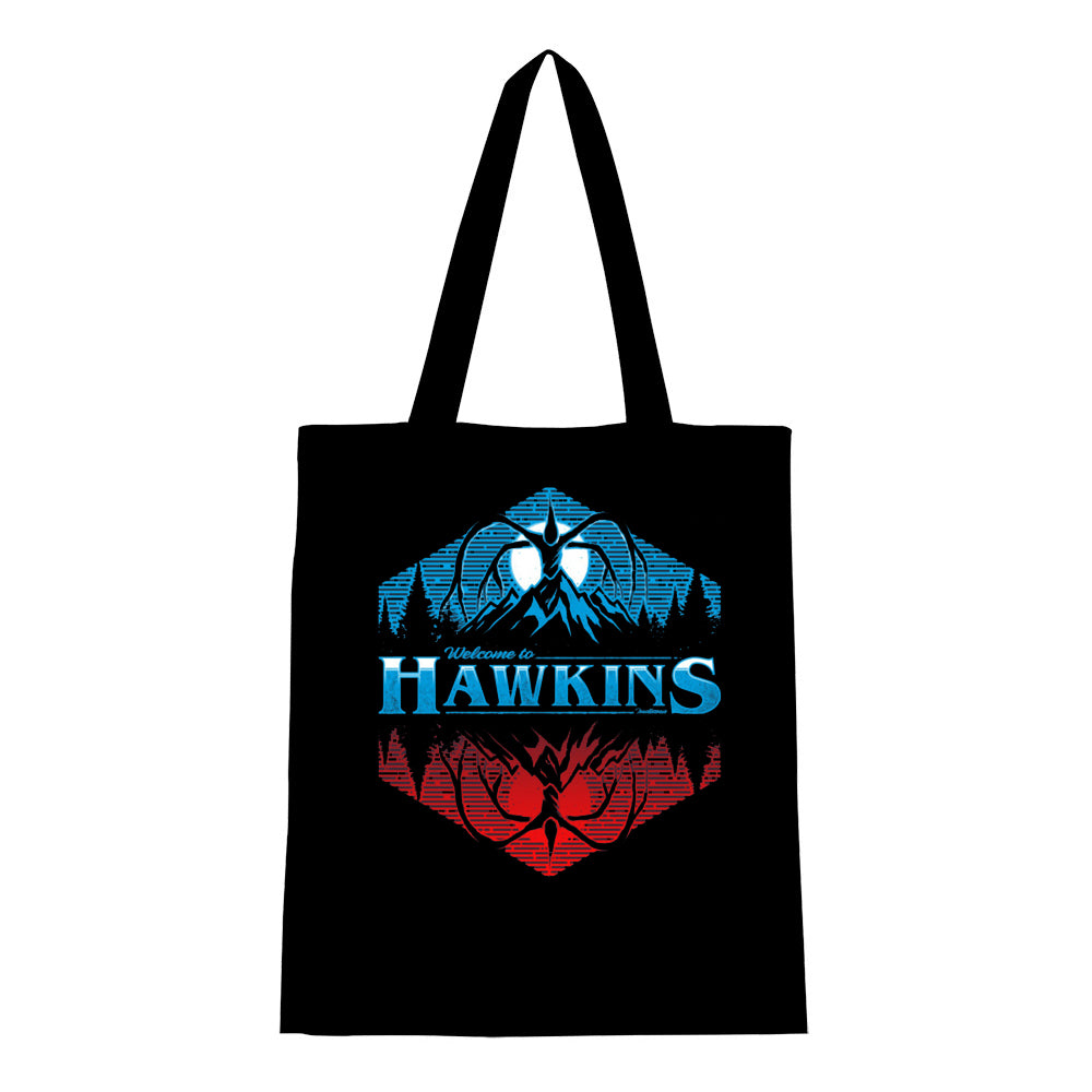 Tote bag Stranger Things Hawkins bleu Demogorgon vu de face