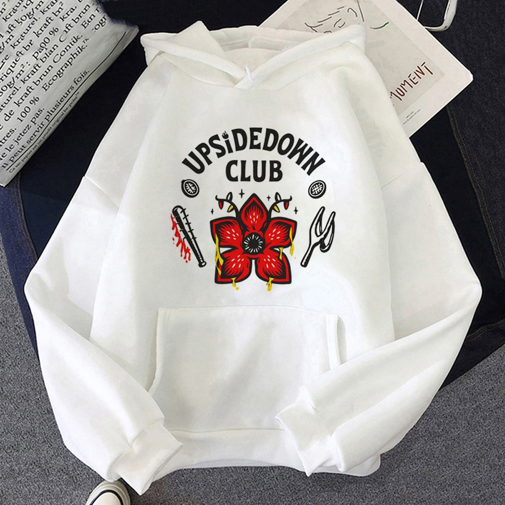 Felpa con cappuccio bianca Stranger Things Upside Down Club, disegno stampato sul davanti