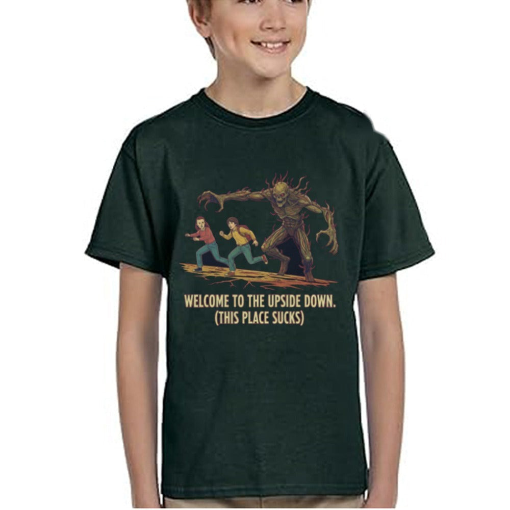 T-shirt enfant vert Stranger Things Welcome to the Upside Down vu de face