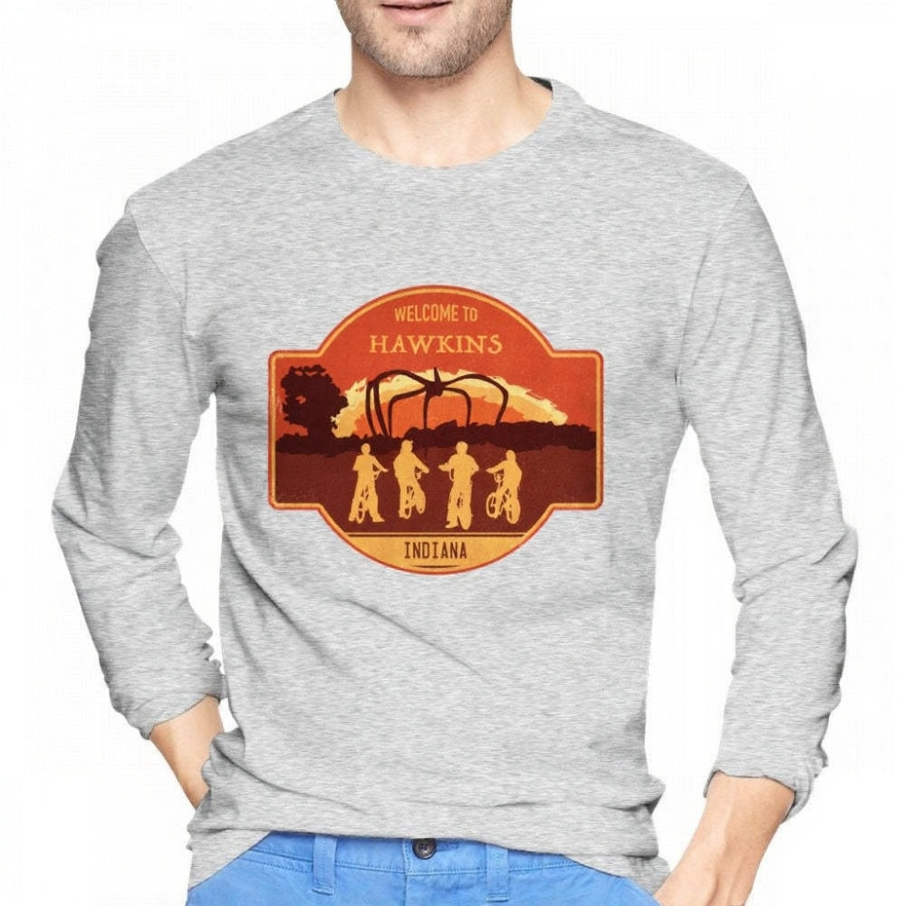 T-shirt homme manches longues Stranger Things Welcome to Hawkins Indiana écusson – coloris Gris