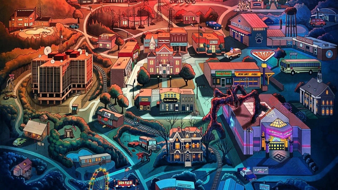 Mappa illustrata di Hawkins dal cielo: il laboratorio, la torre dell'acqua e le liane rosse del Sottosopra