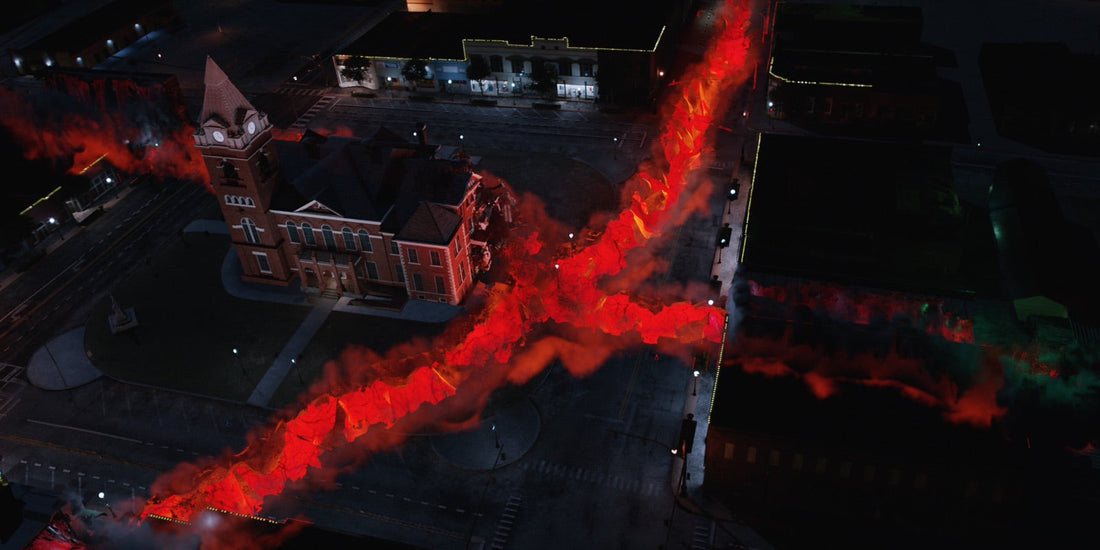 La faglia rossa che squarcia Hawkins vista dal cielo, alla fine della stagione 4 di Stranger Things