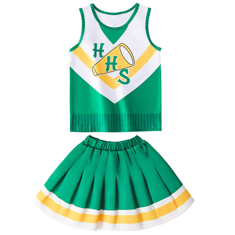 Tenue pom-pom girl Stranger Things Hawkins top jupe et pompons vu de face