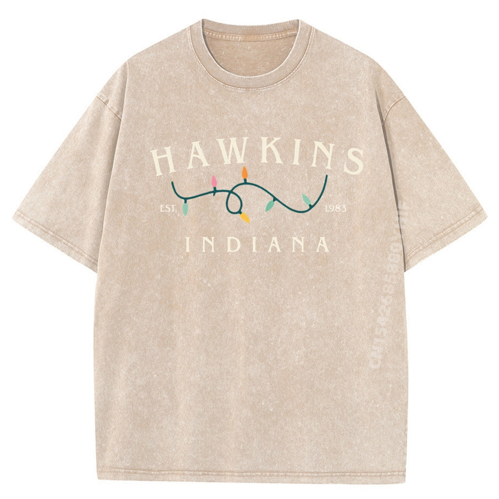 T-shirt homme délavé Stranger Things Hawkins Indiana guirlande – coloris XH230-1