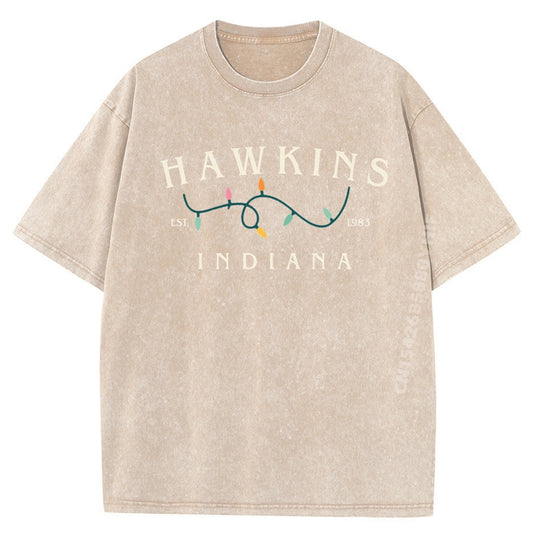 T-shirt homme délavé Stranger Things Hawkins Indiana guirlande – coloris XH230-1