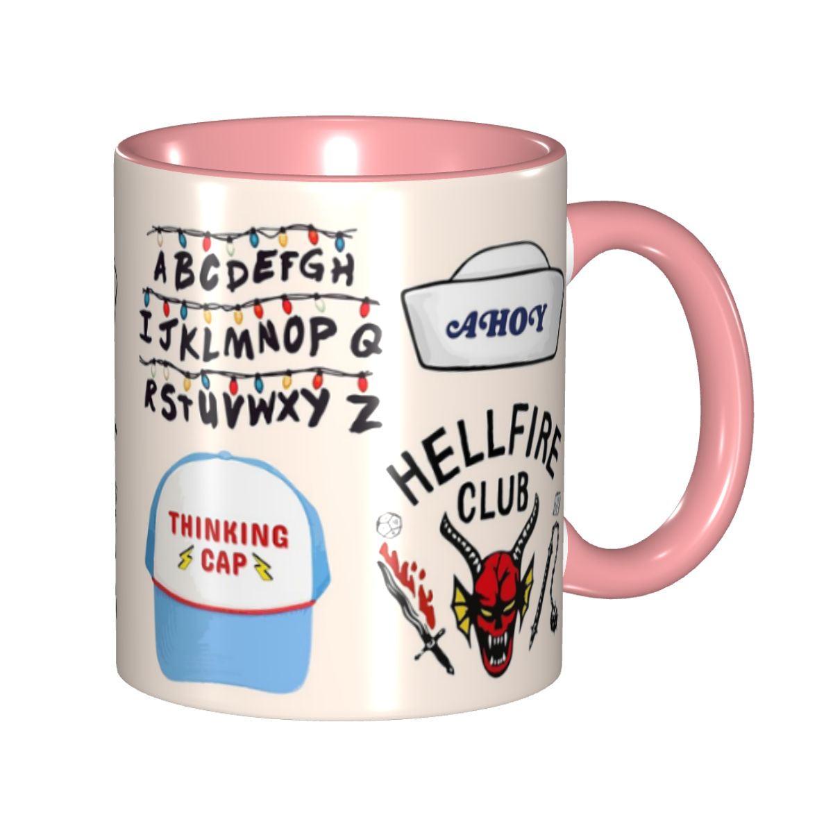 Mug Stranger Things stickers Hellfire Club et Thinking Cap – coloris Rose