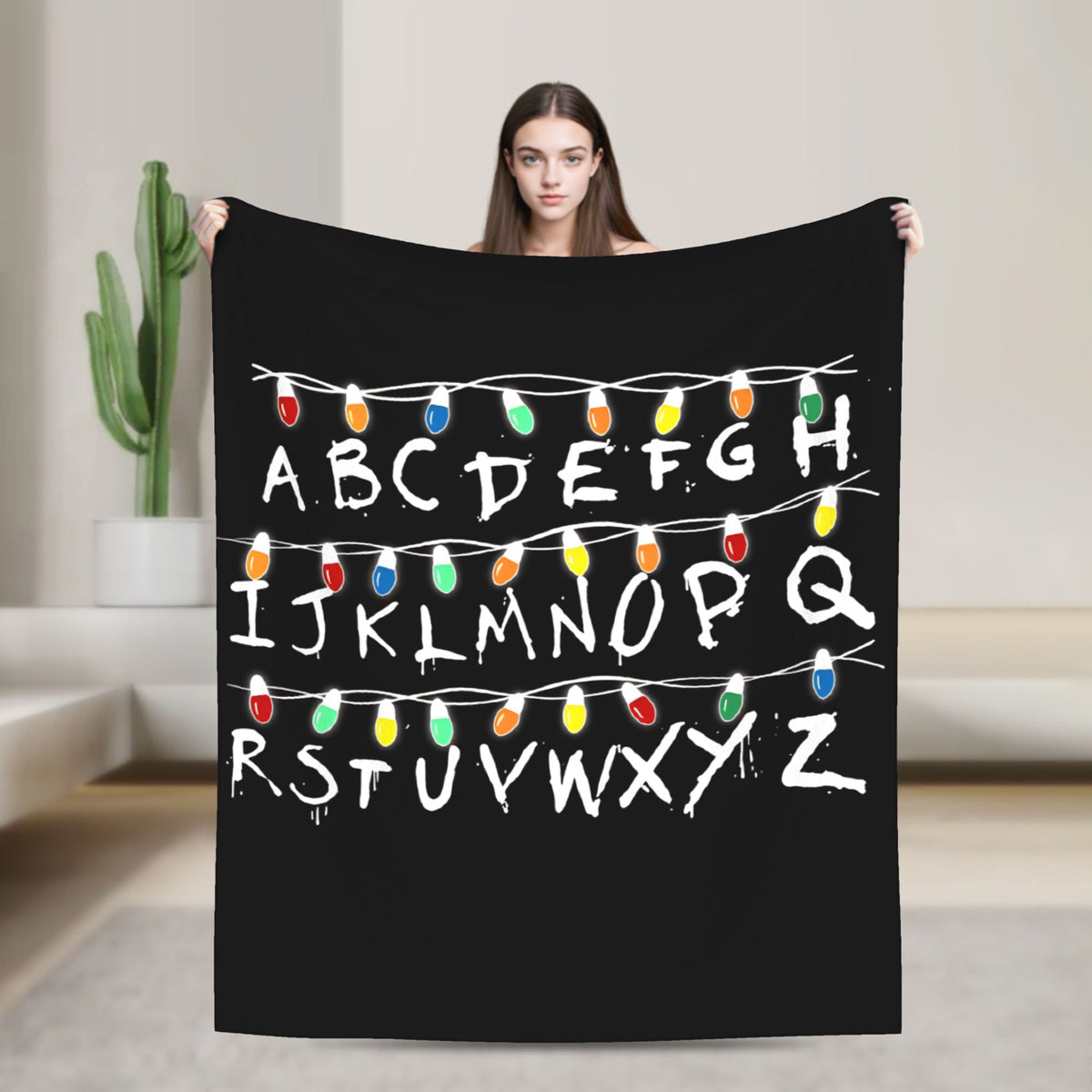 Plaid Stranger Things lettres et ampoules blanc vu de face