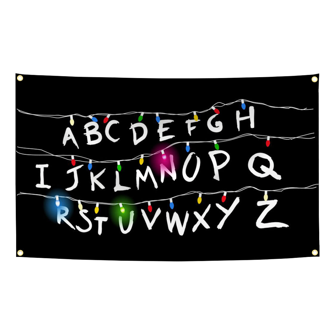 Drapeau tapisserie Stranger Things mur alphabet violet vu de face