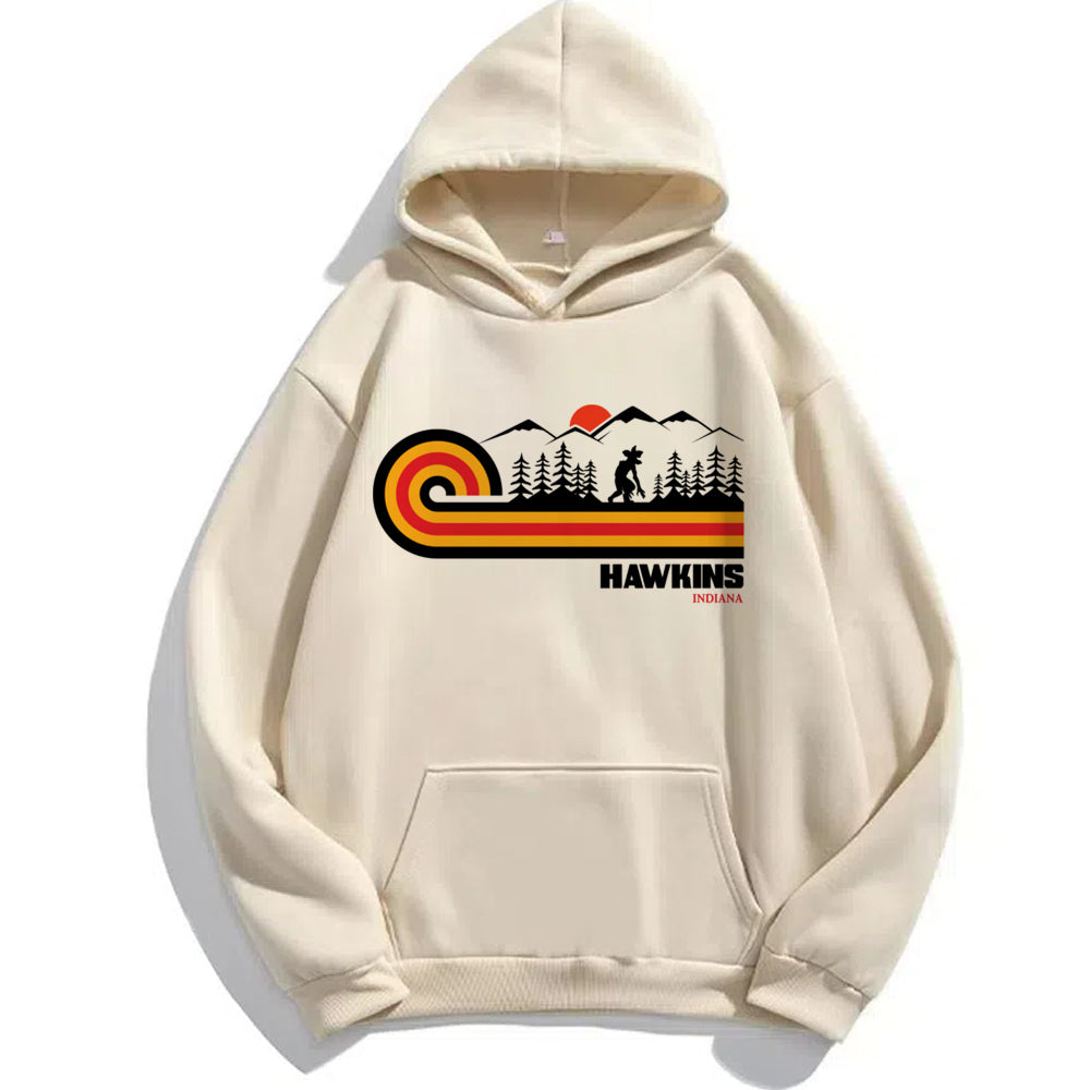 Pull beige Stranger Things Hawkins Indiana rétro vu de face