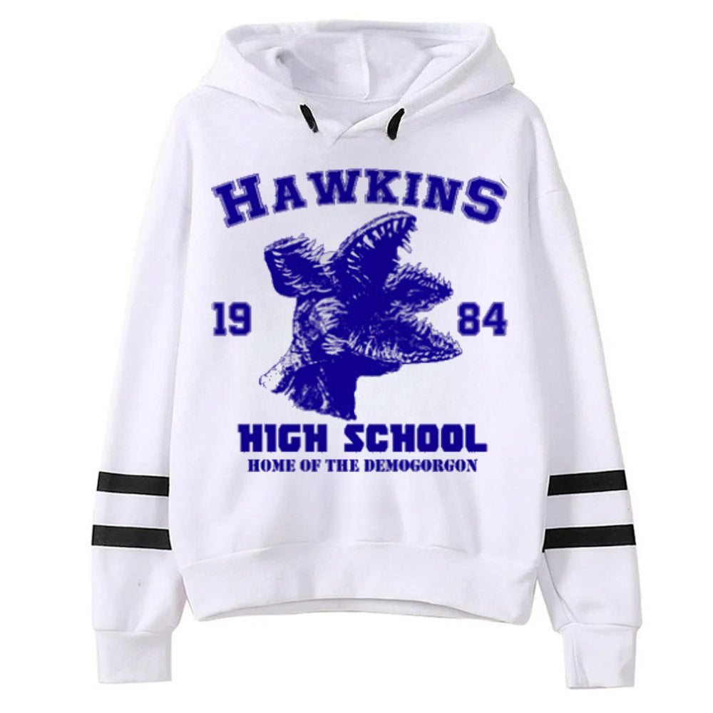 Pull blanc Stranger Things Hawkins High School 1984 vu de face