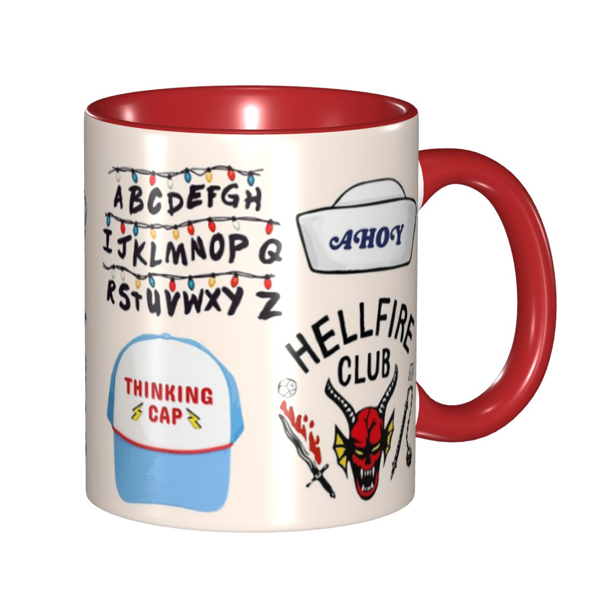 Mug Stranger Things stickers Hellfire Club et Thinking Cap – coloris Rouge