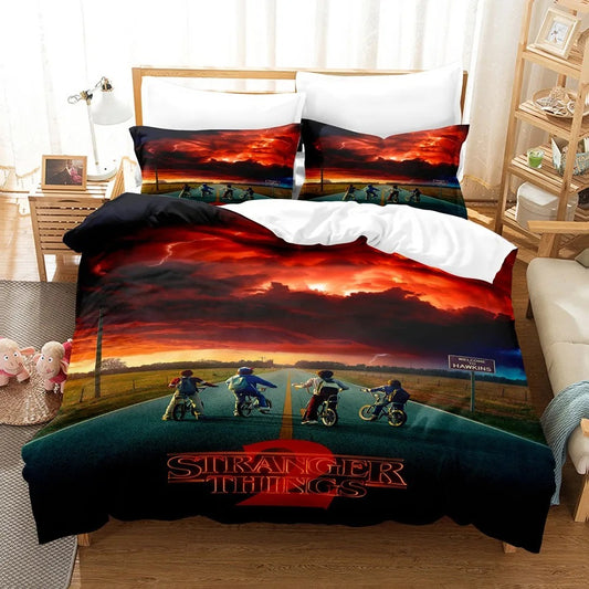 Parure de lit Stranger Things vélos sous le ciel rouge vu de face