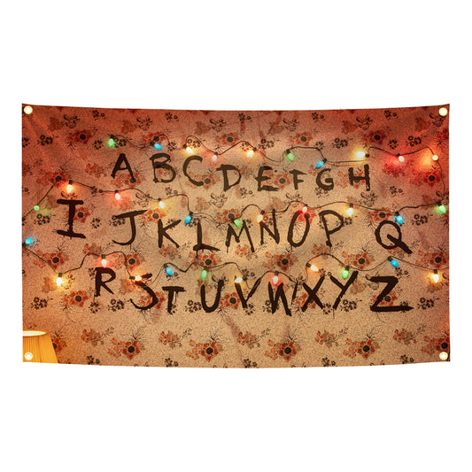 Drapeau tapisserie Stranger Things mur alphabet papier peint vu de face