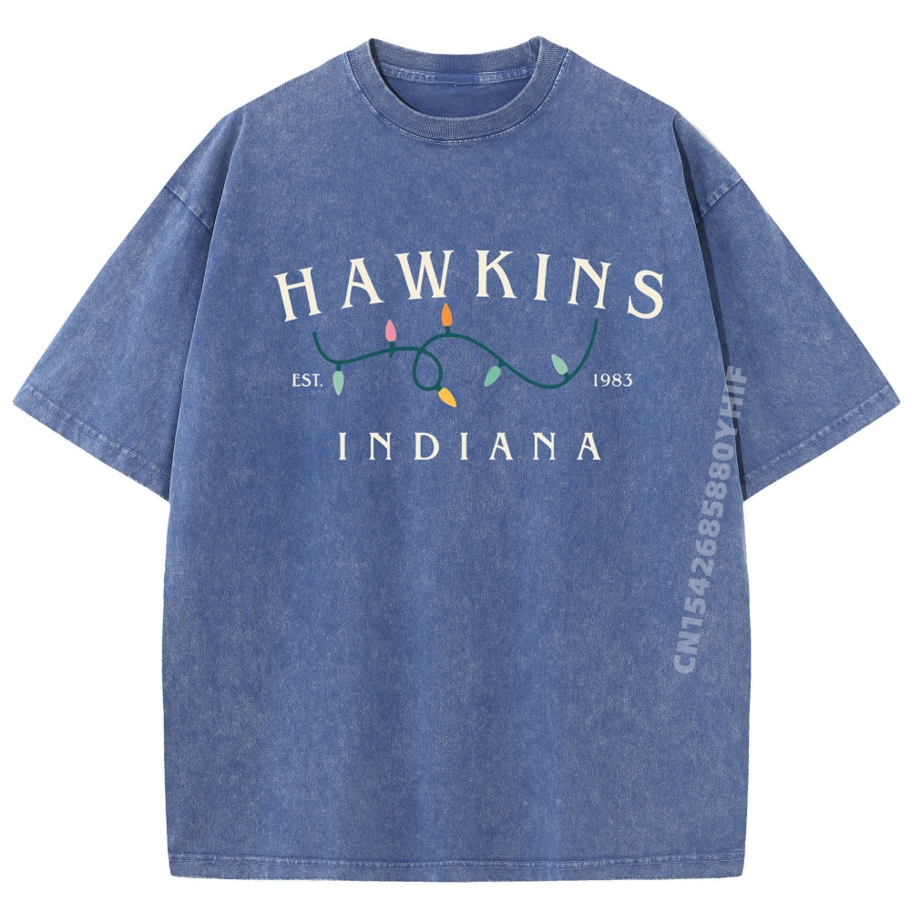 T-shirt homme délavé Stranger Things Hawkins Indiana guirlande – coloris XH230-3