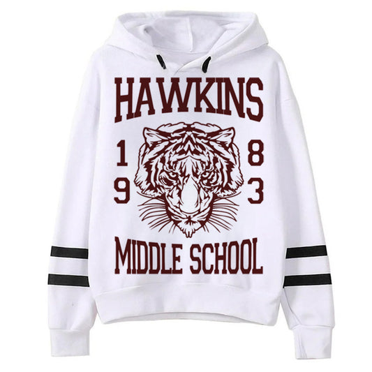 Pull blanc Stranger Things Hawkins Middle School 1983 vu de face