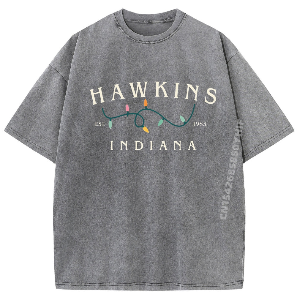 T-shirt homme délavé Stranger Things Hawkins Indiana guirlande – coloris XH230-4