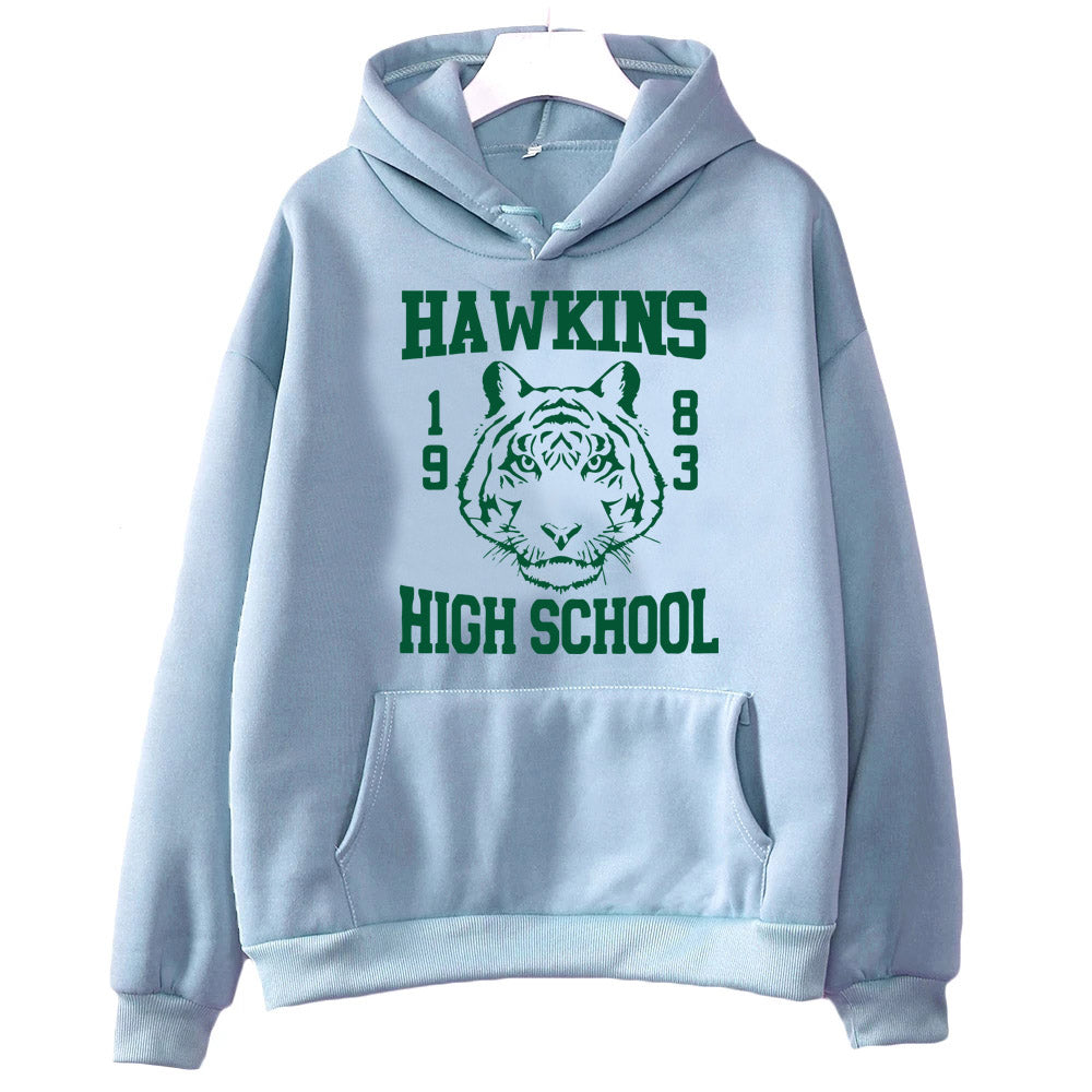 Sweat à capuche Stranger Things Hawkins High School tigre – coloris Bleu
