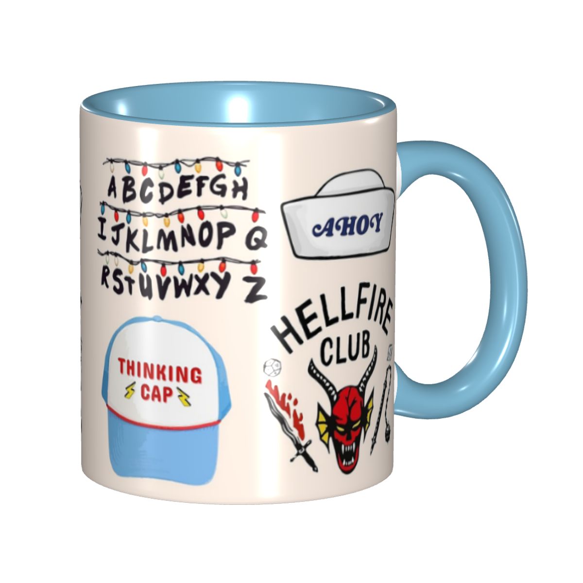 Mug Stranger Things stickers Hellfire Club et Thinking Cap – coloris Bleu ciel