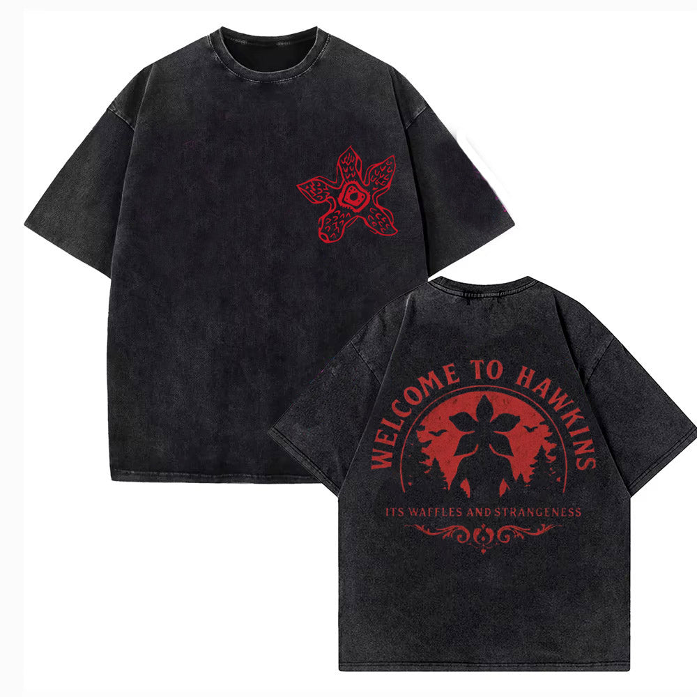T-shirt homme délavé Stranger Things Welcome to Hawkins à l'envers vu de face