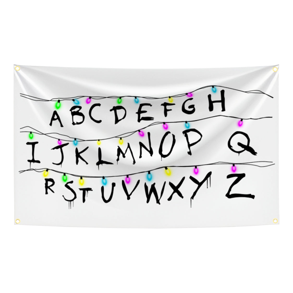 Drapeau tapisserie Stranger Things mur alphabet blanc vu de face