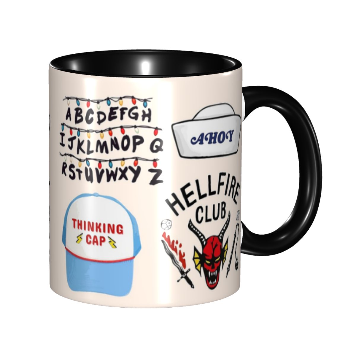 Mug Stranger Things stickers Hellfire Club et Thinking Cap – coloris Noir