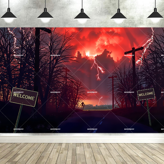 Toile de fond Stranger Things Hawkins au crépuscule vu de face