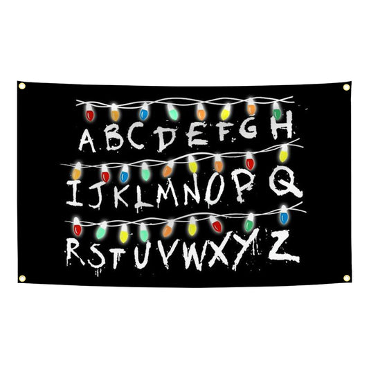 Drapeau tapisserie Stranger Things mur alphabet nuit vu de face