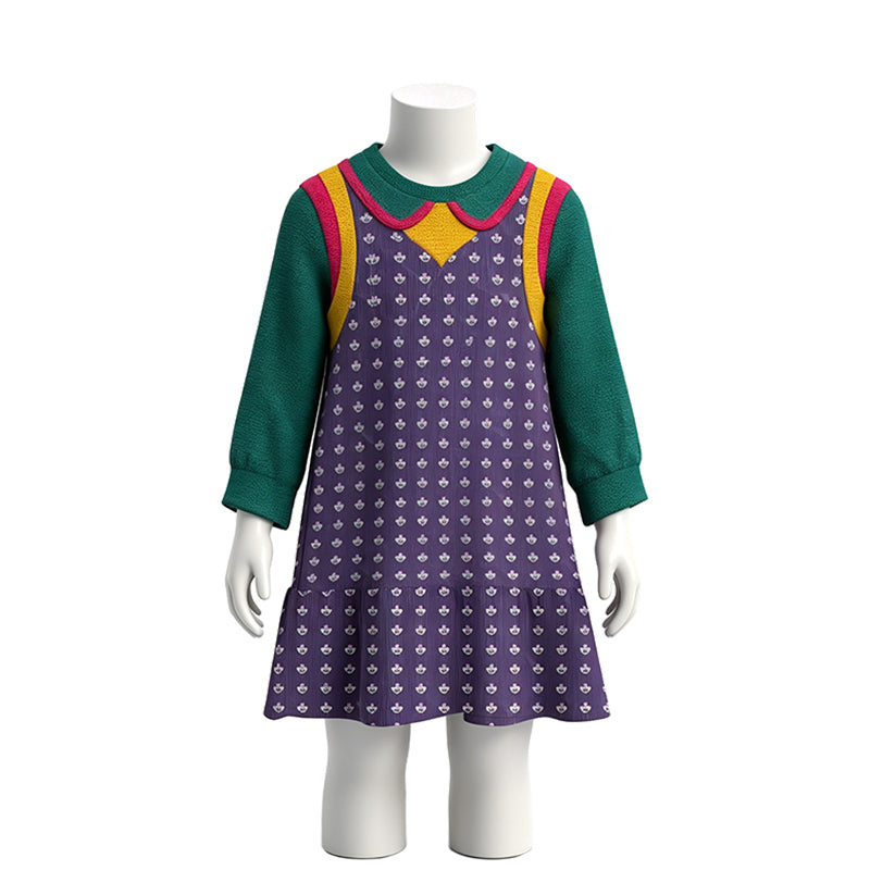 Robe cosplay enfant Stranger Things violette années 80 vu de face