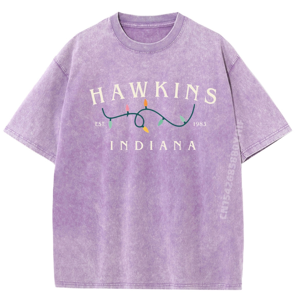T-shirt homme délavé Stranger Things Hawkins Indiana guirlande – coloris XH230-7