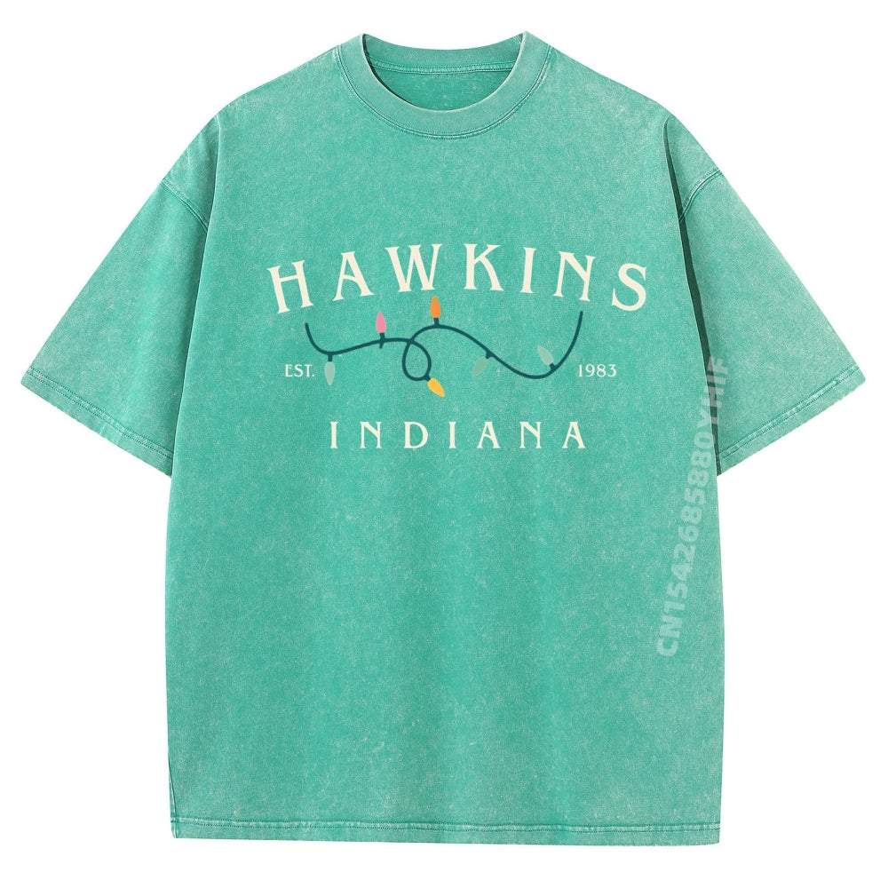 T-shirt homme délavé Stranger Things Hawkins Indiana guirlande – coloris XH230-8
