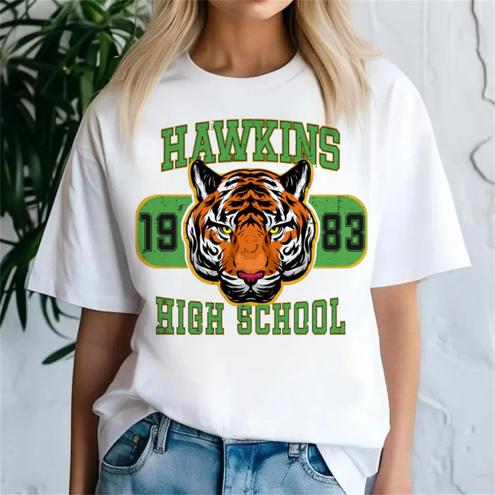 T-shirt femme Stranger Things Hawkins High School tigre vu de face