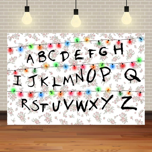 Toile de fond Stranger Things mur alphabet fond blanc vu de face