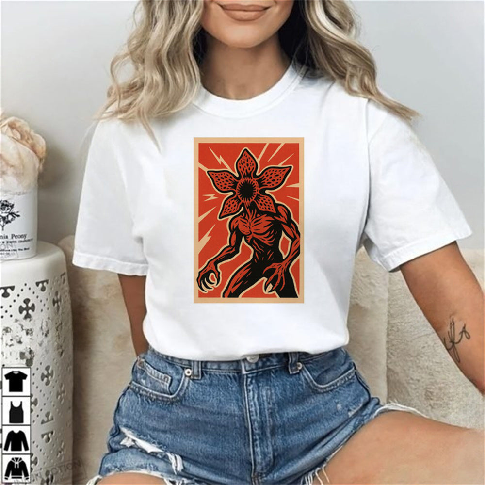 T-shirt femme Stranger Things affiche Demogorgon orange vu de face