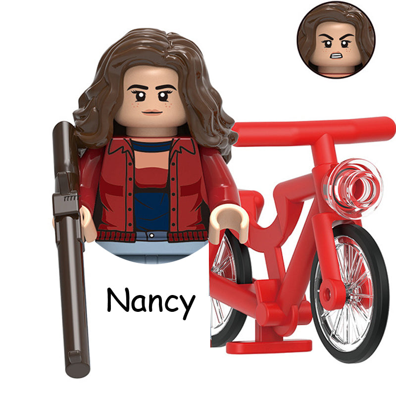 Mini figurine à construire Stranger Things Nancy Wheeler à vélo vu de face