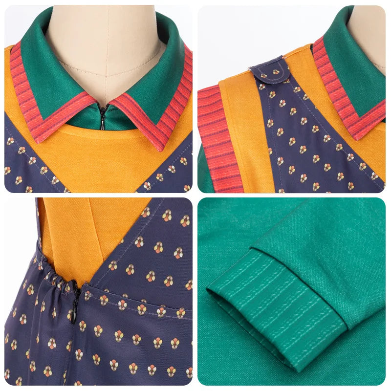 Dettagli del costume Holly Wheeler: colletto della maglia verde, gilet arancione e tessuto viola a motivi