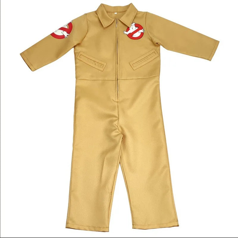 Tuta beige Ghostbusters Stranger Things da sola, con lo stemma del fantasma barrato