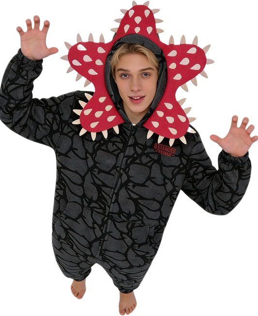 Pyjama combinaison Stranger Things Demogorgon noir capuche corolle 110-180 cm vu de face