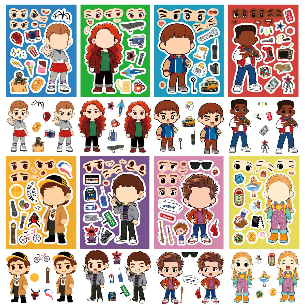 Stickers Stranger Things visages à composer Max et Vecna (8 planches) vu de face