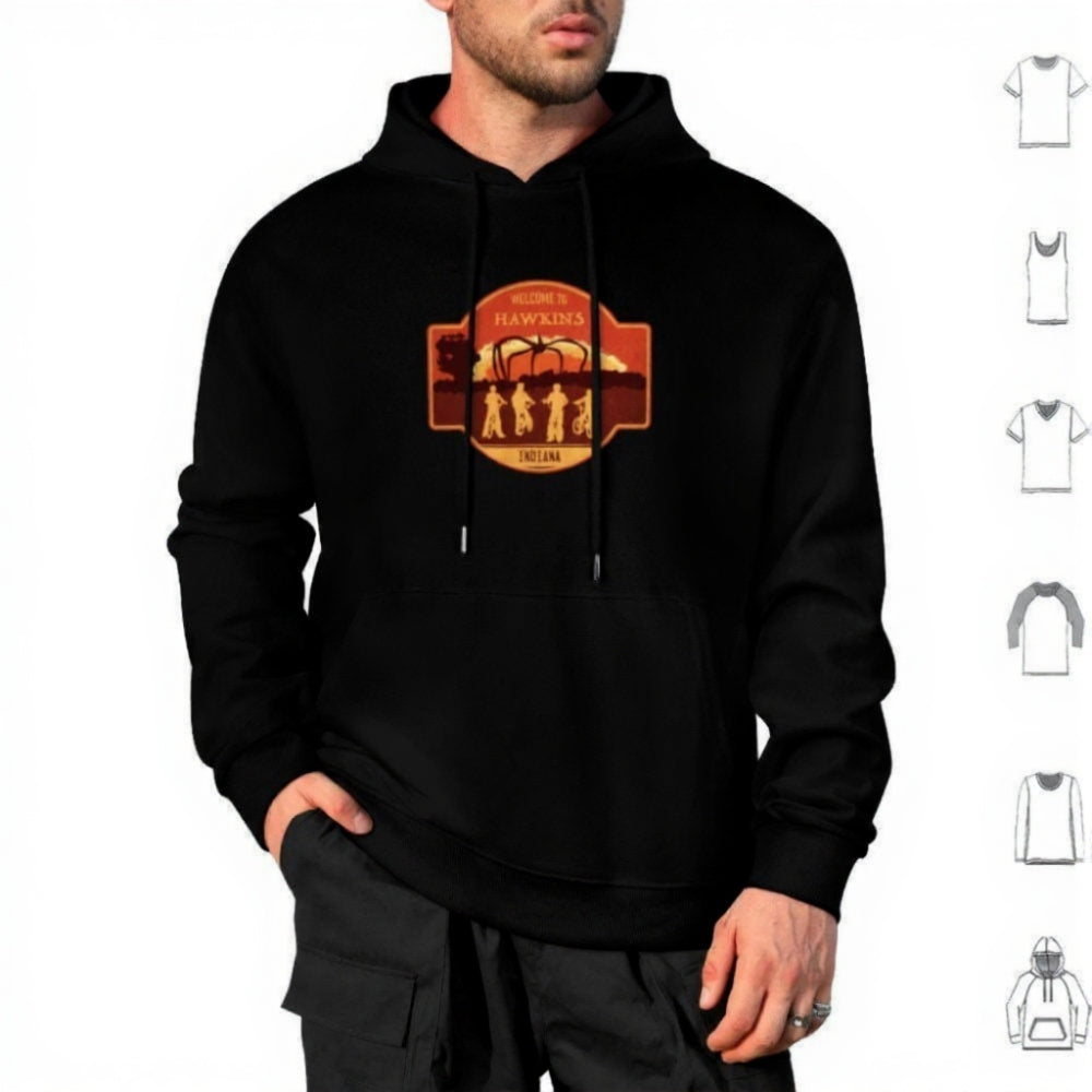 Hoodie Stranger Things Welcome to Hawkins Indiana écusson – coloris Noir