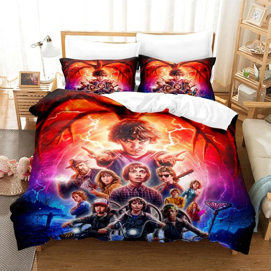 Set copripiumino Stranger Things stagione 2 Flagello Mentale su un letto, con le federe abbinate