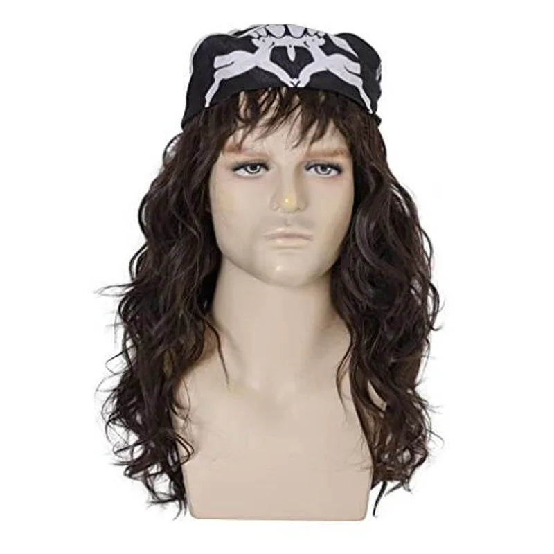 Parrucca Eddie Munson Stranger Things con bandana nera a motivo bianco