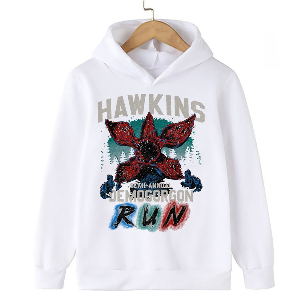 Pull enfant Stranger Things Hawkins Run blanc vu de face