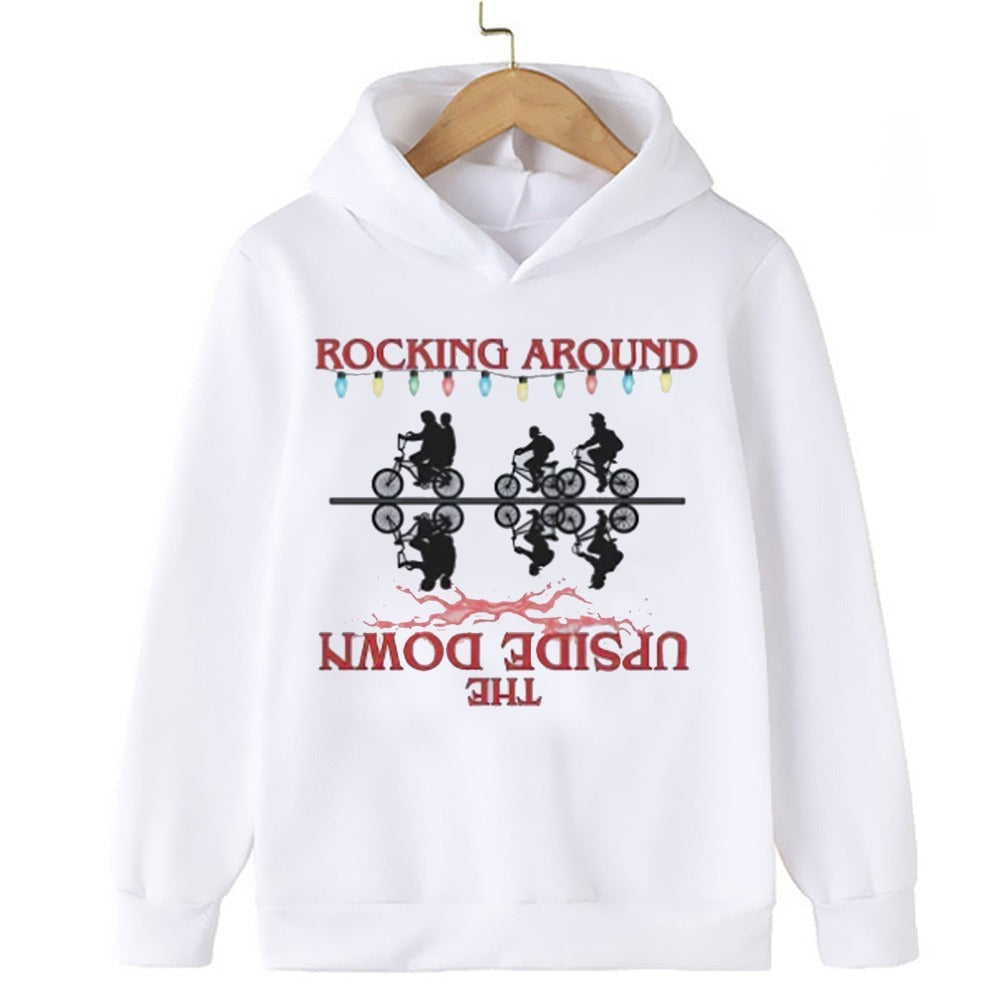 Pull enfant Stranger Things Rocking Around the Upside Down blanc vu de face