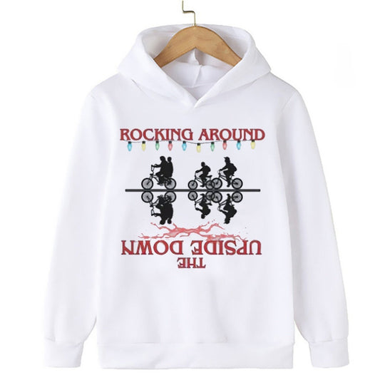 Pull enfant Stranger Things Rocking Around the Upside Down blanc vu de face