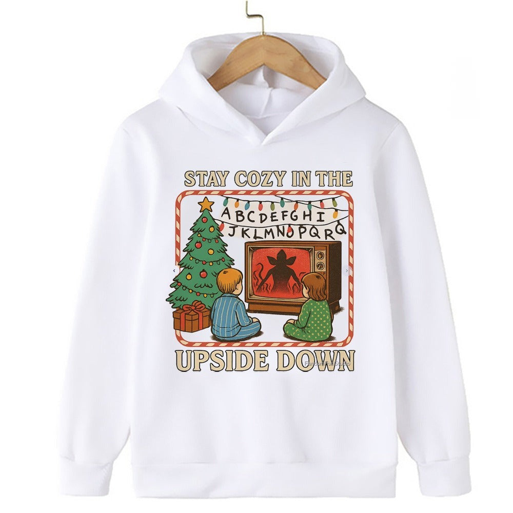 Pull enfant Stranger Things Stay Cosy in the Upside Down blanc vu de face